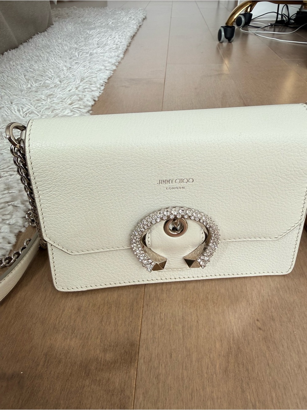 Jimmy Choo Cream Leather Shoulder Bag with Crystal-Embellished Ring